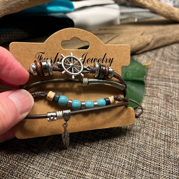 2305-PCM Turquoise, Silver, & Wooden Beads, Pendants Leather 4 Layer Bracelet - Picture 2 of 12